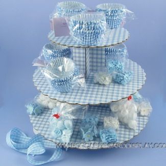 blue gingham cupcake stand for display