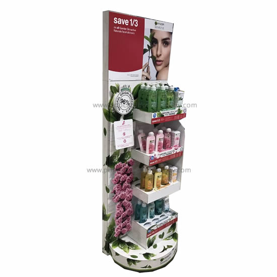 Creative supermarket cardboard retail display with hook& floor 4 tray display stand