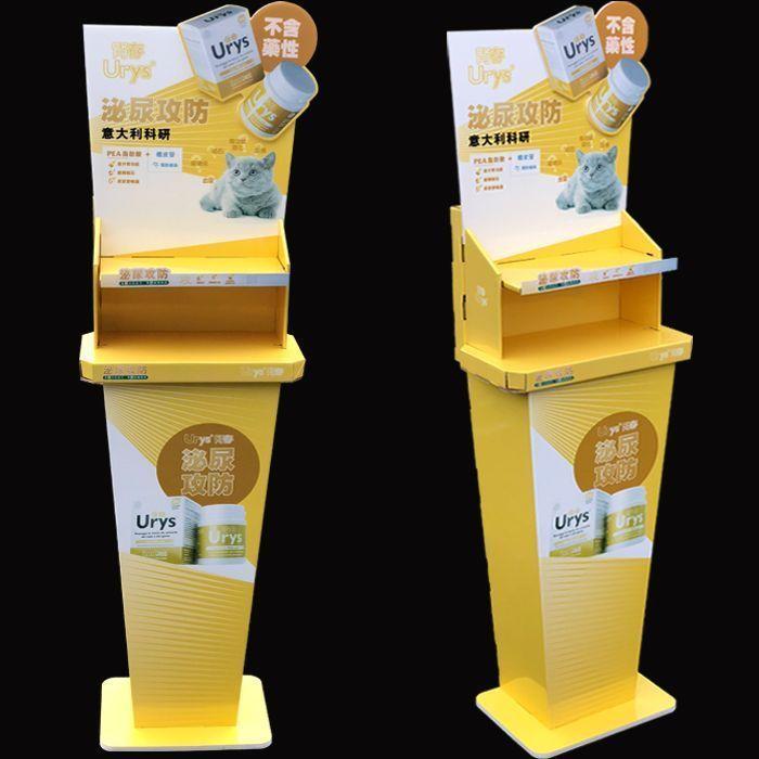 Cardboard designed floor display stand with KT board header for pharmacy medicine 