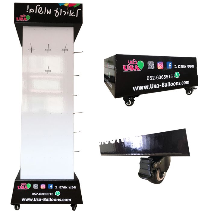 Creative cardboard stronger four sides hooks rotating display racks with wheels on bottom